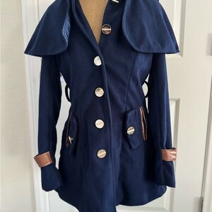 Navy Blue Women's Coat with Brown Accents